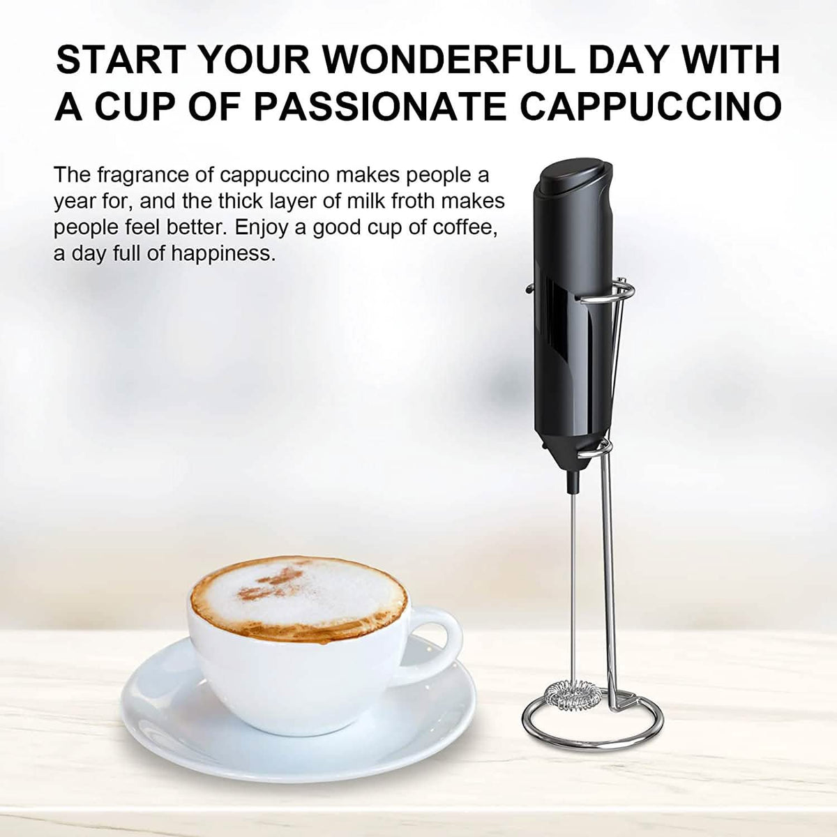 Milk frother in its stainless steel stand beside a cappuccino with thick foam