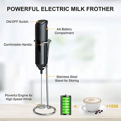 Infographic showing milk frother parts: on-off switch, AA battery compartment, handle, stainless steel stand and 14000 RPM motor