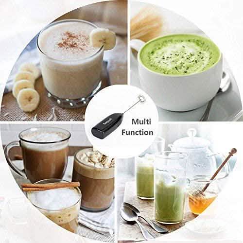 Collage of drinks made with the frother: latte, matcha, iced coffee and milkshakes