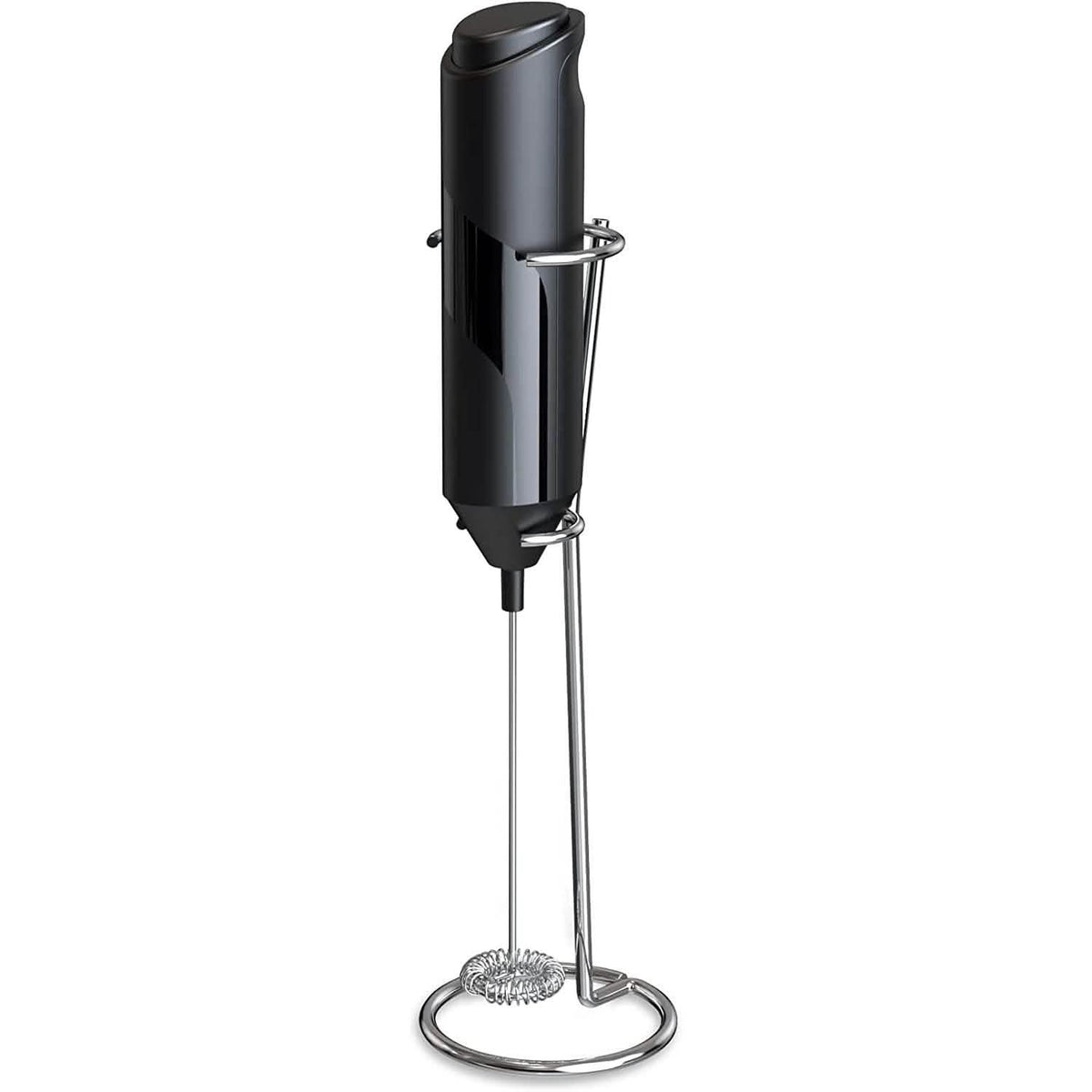 Black handheld milk frother resting in its stainless steel stand on a white background