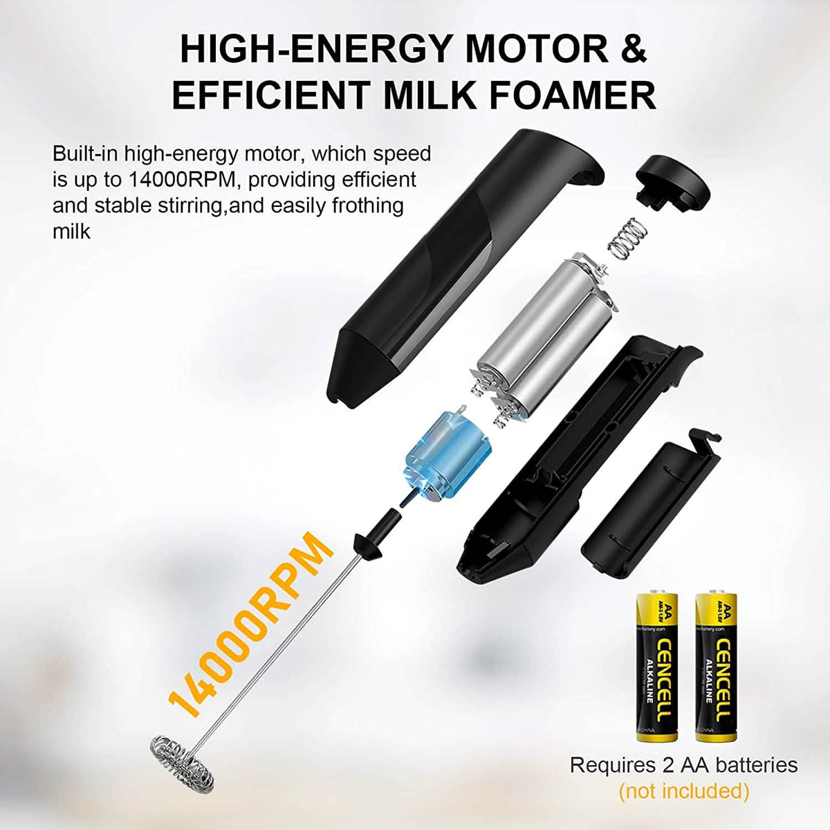 Exploded view of the milk frother showing the 14000 RPM motor; requires 2 AA batteries not included